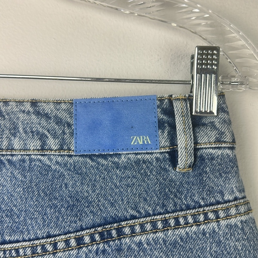 Zara Midi High Waisted Denim Skirt Blue Cotton Size M Distressed Split Front Hem - Picture 15 of 16